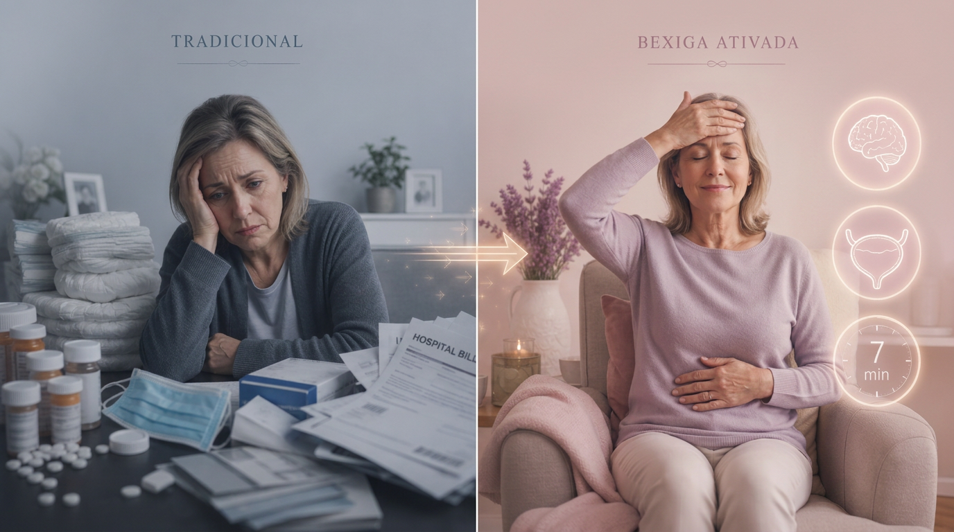 Comparação visual: abordagem tradicional com remédios e fraldas vs Bexiga Ativada aplicando a técnica dos 7 minutos em casa