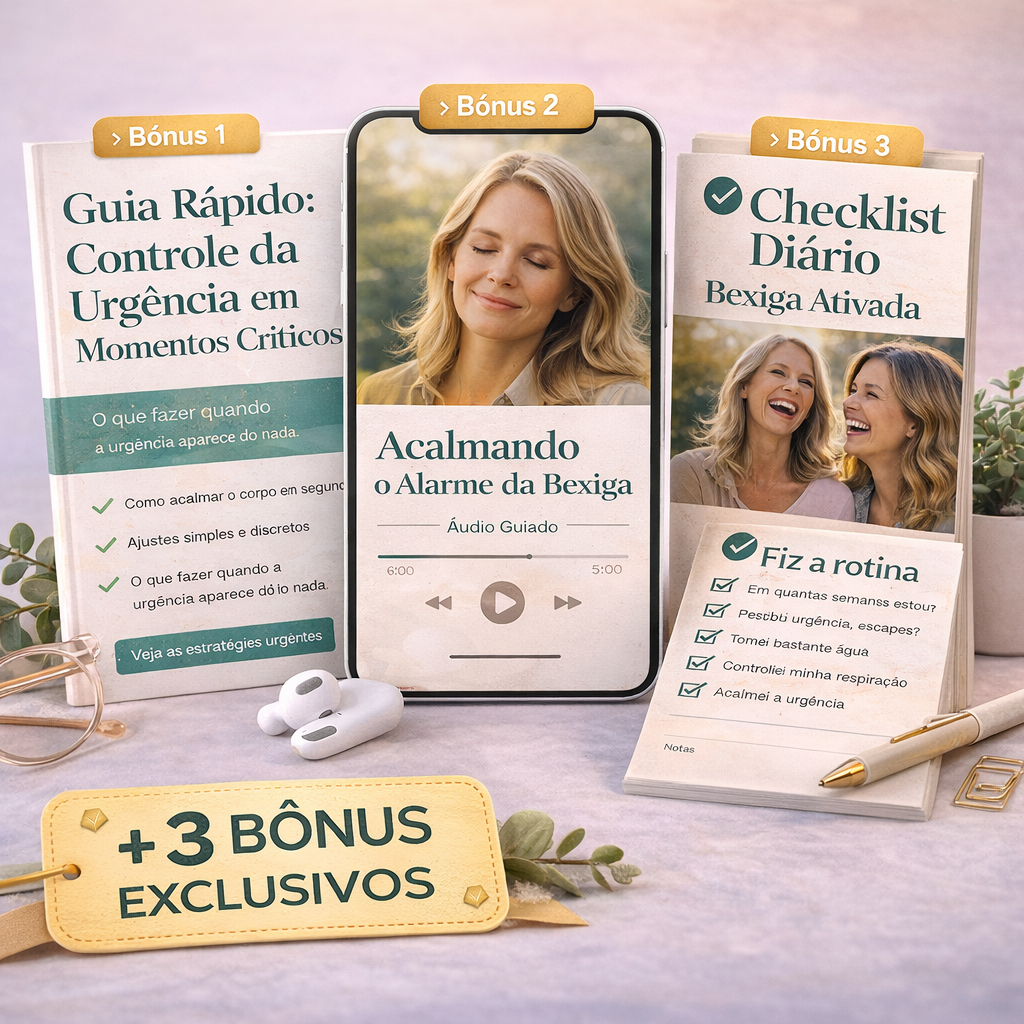 Mockup dos 3 bônus: guia rápido, áudios guiados e checklist diário